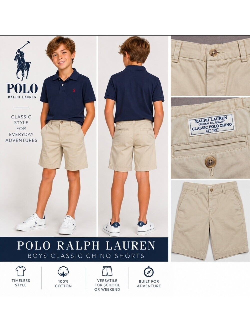 Polo Ralph Lauren Boys Size 12 Classic Chino Shorts Khaki Beige 100% Cotton